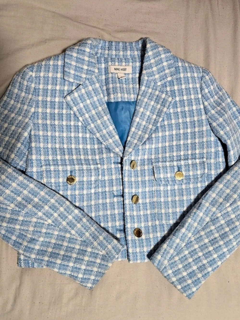 Nine West Blue & White Plaid Blazer Like New